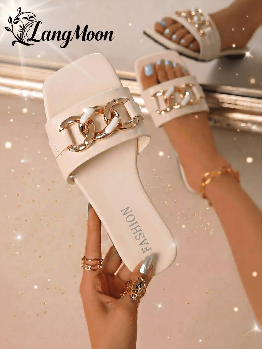 LangMoon 2026 New Beige Metal Chain Square Toe Flat Sandals For Women, Minimalist Solid White Upper + Luxury Dual Chain Rhinestone Decor, Soft Sole Non-Slip Comfortable, Versatile For Vacation, Commute, Shopping, Party, Dating, Spring/Summer Slip-On