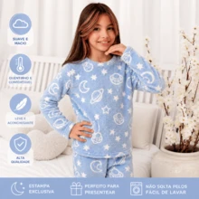 Children's Plush Teddy Pajamas For Winter, Cold Weather, Closed, Blue Planet - 淺藍色 - 查看 2