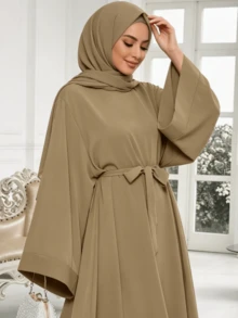1 chiếc váy Abaya nữ kín đáo, màu trơn, tay cánh dơi và thắt lưng - Áo maxi dài rộng rãi, trang phục Hồi giáo dành cho mặc hàng ngày và các dịp đặc biệt. - Nhiều màu - Xem 6