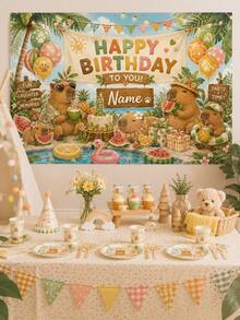 Personalized Children's Birthday Backdrop Custom Name Forest Animal Party Banner, Cute Capybara Forest Theme Decoration, Baby Shower, 1st Birthday - Multicolor - View 5
