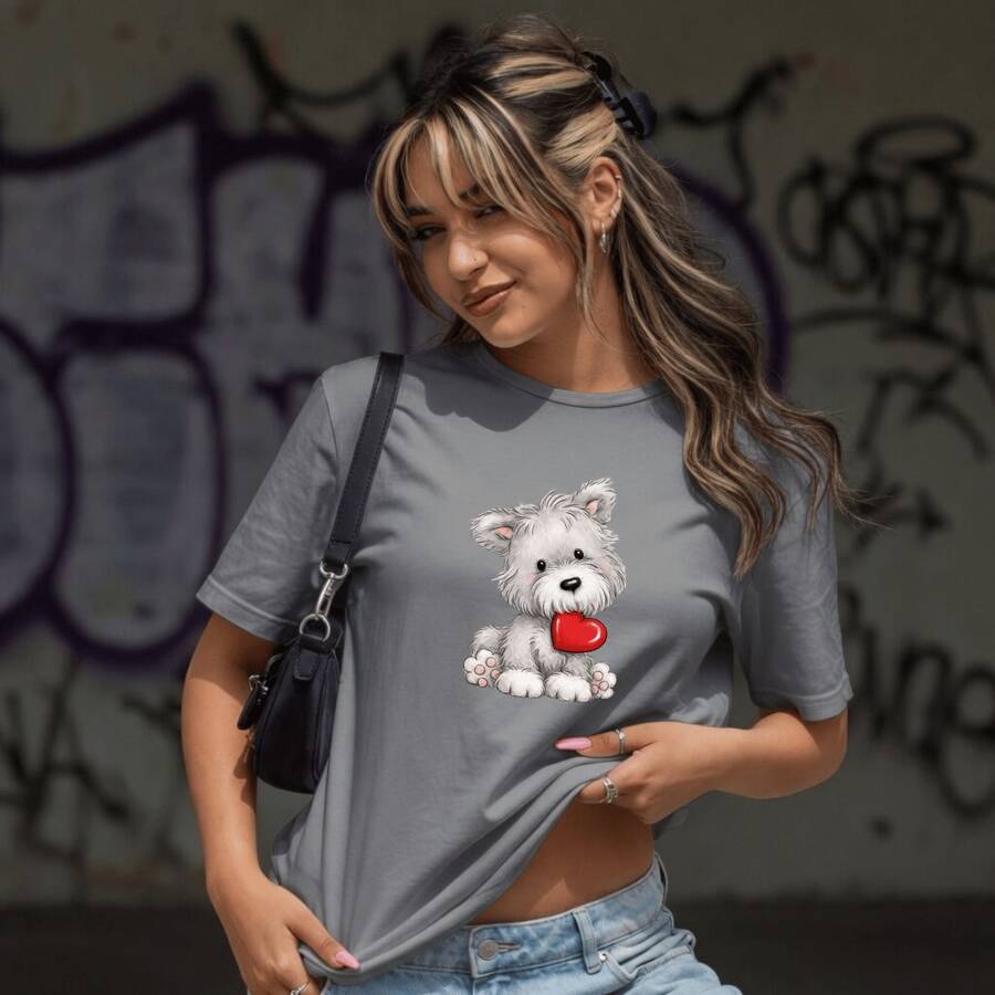 Women's Printed T-Shirt With Dog Biting Heart Design, 100% Premium Cotton, Crew Neck, Plus Size, Comfortable T-Shirt/Blouse - Xám - Xem 1