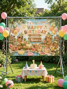 Personalized Children's Birthday Backdrop Custom Name Forest Animal Party Banner, Cute Capybara Forest Theme Decoration, Baby Shower, 1st Birthday - Multicolor - View 7
