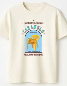 Women's Short-Sleeved, Crew-Neck T-Shirt With A "Caramel Made In Brazil" Print. A Casual, Regular-Length Top For Everyday Wear. - 香檳色 - 查看 9