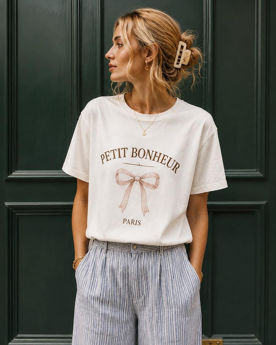 Camiseta Color Crema para Mujer, Manga Corta Casual con Estampado de Moño y Texto Francés "Petit Bonheur" - Blanco - Ver 1