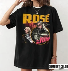 Vintage Rosé  T-Shirt, Collage Print Of Iconic Moments With Faded Yellow ROSÉ Lettering And Retro Effects, 90s Streetwear Style, 100% Unisex Cotton For K-Pop Fans - Black - View 1