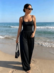 Summer Outfits For Women, Ruched Waist Sleeveless One Piece Outfit, Casual Beach Vacation Summer - Black Resort Edition - View 1