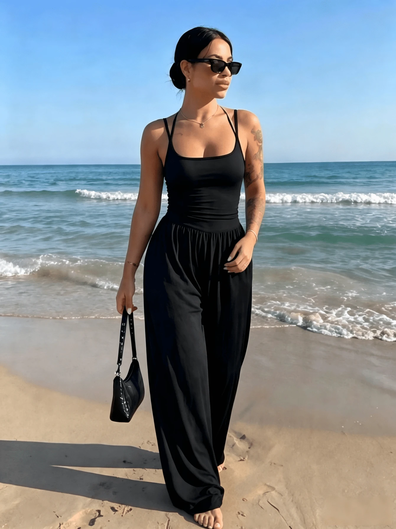 Summer Outfits For Women, Ruched Waist Sleeveless One Piece Outfit, Casual Beach Vacation Summer - Black Resort Edition - View 1