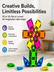 Set de 29 piezas de mini baldosas magnéticas para niños, juguete de construcción STEM DIY con lata de almacenamiento portátil, juguete educativo de construcción magnética para juego interior & exterior, regalo interactivo para padres e hijos para niños y niñas de 3+ años, colores aleatorios - Multicolor - Ver 3