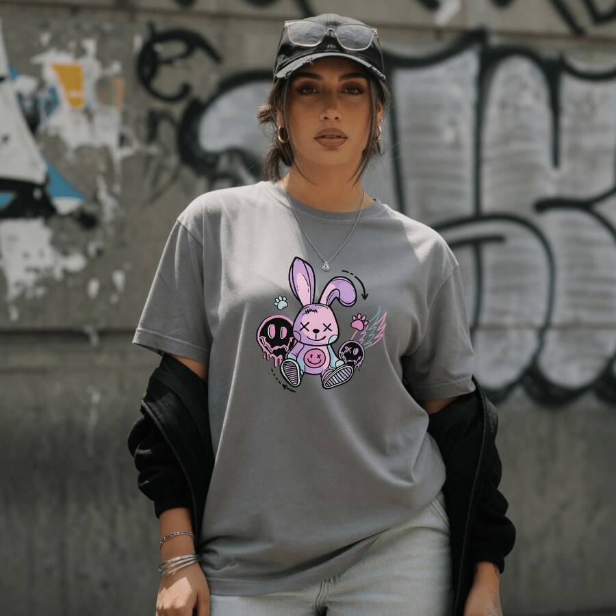 Women's Printed T-Shirt With Rabbit And Key Design, 100% Premium Cotton, Crew Neck, Plus Size, Comfortable T-Shirt/Blouse - 灰色 - 查看 1