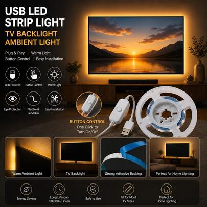 Dải đèn LED trắng ấm, cấp nguồn qua USB, thích hợp dùng làm đèn nền TV, đèn gương trang điểm, đèn tủ, đèn trang trí trong nhà/ngoài trời.