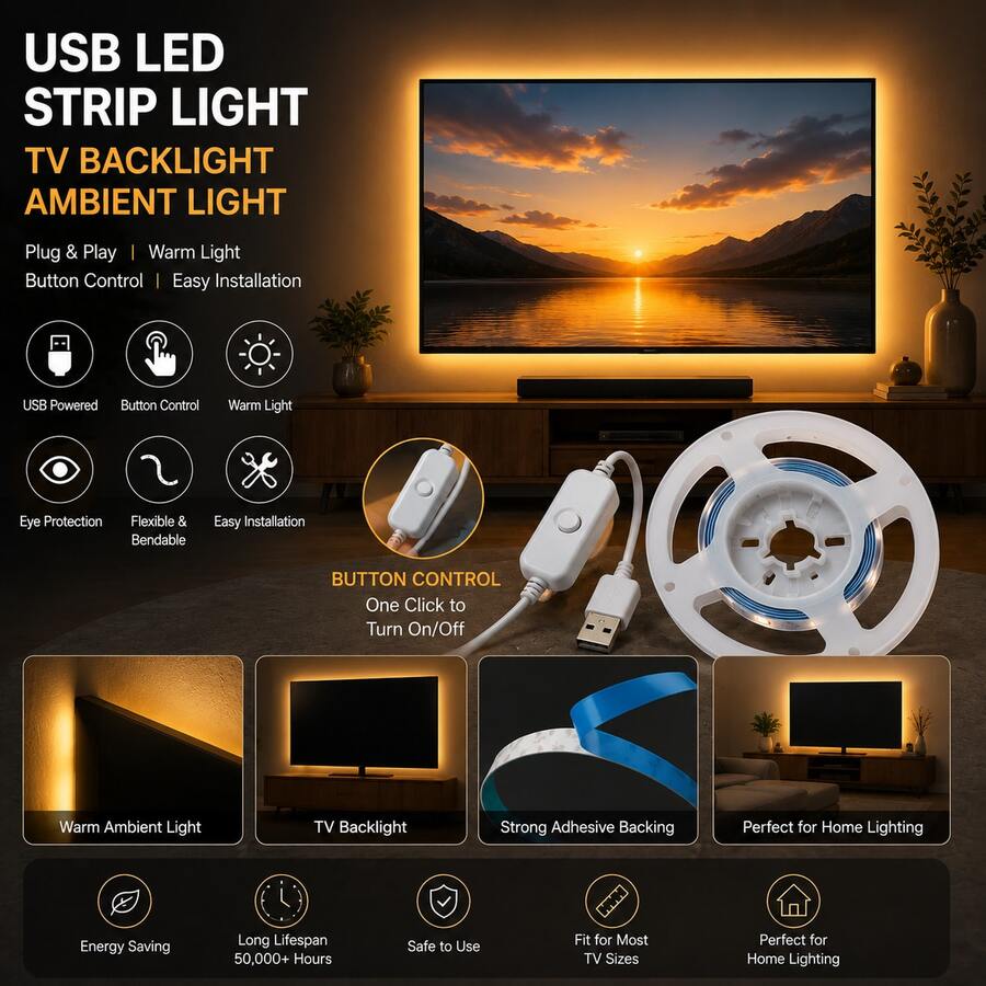 Dải đèn LED trắng ấm, cấp nguồn qua USB, thích hợp dùng làm đèn nền TV, đèn gương trang điểm, đèn tủ, đèn trang trí trong nhà/ngoài trời. - Màu trắng ấm áp - Xem 1