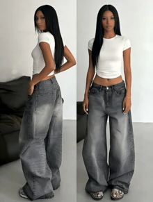 Summer Vintage Grey Wash High Waist Baggy Jeans – Wide Leg Loose Fit Denim Pants Y2K - 升級-灰色 - 查看 2