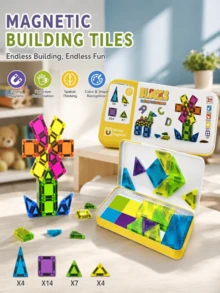 Set de 29 piezas de mini baldosas magnéticas para niños, juguete de construcción STEM DIY con lata de almacenamiento portátil, juguete educativo de construcción magnética para juego interior & exterior, regalo interactivo para padres e hijos para niños y niñas de 3+ años, colores aleatorios - Multicolor - Ver 5