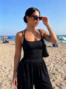Summer Outfits For Women, Ruched Waist Sleeveless One Piece Outfit, Casual Beach Vacation Summer - Black Resort Edition - View 4