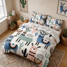 2/3pcs 3D Print Cartoon Llama Cactus Duvet Cover Set White Base Cute Alpaca Bohemian Pattern Bedding Set Modern Sweet Playful Comforter Cover Set (Size 135x200 Only 1 Pillowcase) - Multicolor - View 1