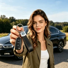 Gantungan kunci Volkswagen ini terbuat dari kulit imitasi hitam dan menampilkan jahitan kontras merah yang mencolok, dengan desain yang terinspirasi oleh gaya interior mobil performa tinggi. - Gantungan kunci Volkswagen - View 2
