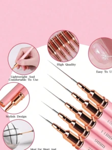 Bộ 5 cọ vẽ móng nghệ thuật, bút vẽ móng nghệ thuật, 5 dụng cụ vẽ trang trí móng tay cán nhựa, thích hợp cho các đường kẻ dài, phác thảo chi tiết, kích thước 6/9/11/15/25mm (Vàng hồng) Dụng cụ thiết kế móng nghệ thuật, bút phác thảo móng tay chi tiết, dụng cụ làm móng, vật tư làm móng - Màu Hồng baby - Xem 6