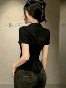 Camicia estiva elegante da donna a tinta unita con lacci sulla schiena (Nota: stile leggero e traspirante sottile) design con coulisse in vita nero - nero - Visualizzare 3