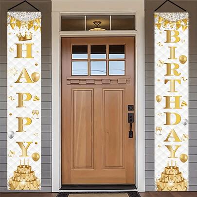 2 pièces Bannière de signe de couple d'anniversaire heureux en or, fabriquée en matériau polyester, convient pour les mariages, les fêtes de mariée, les anniversaires, la décoration intérieure/extérieure, la maison, le jardin, la cour, thème universel, réutilisable.