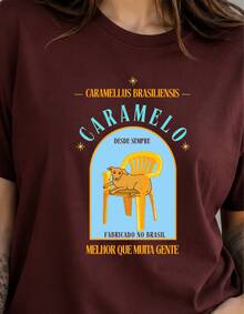 Women's Burgundy Short-Sleeved Crew Neck T-Shirt With "Caramel Made In Brazil" Print, Medium Stretch Fabric, Regular Fit. - 酒紅色 - 查看 7