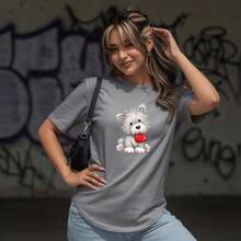 Women's Printed T-Shirt With Dog Biting Heart Design, 100% Premium Cotton, Crew Neck, Plus Size, Comfortable T-Shirt/Blouse - Xám - Xem 2