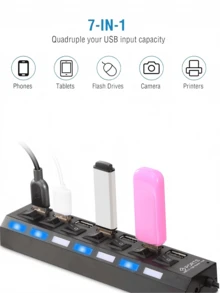 1 buah Adaptor Hub USB 2.0 4 Port/7 Port, Pengisi Daya USB dengan Indikator LED, Saklar Hidup/Mati Independen, Dock Ekspansi USB, Adaptor Daya, Stasiun Pengisian USB 5V 1A untuk Komputer, Tablet, Laptop - Hitam - View 6