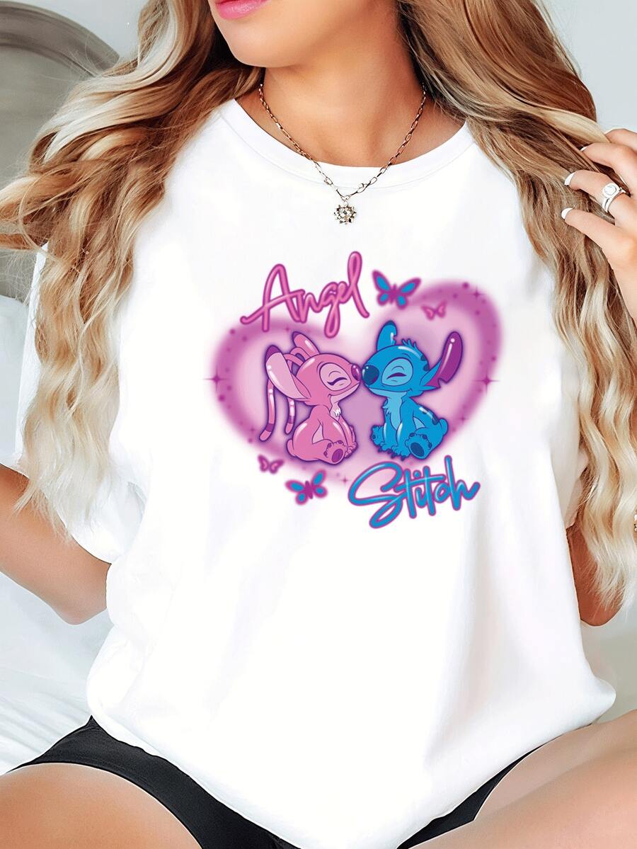 Disney This Pure White T-Shirt Features A Wide-Shoulder Design, A Crew Neck, And Short Sleeves, Making It Perfect For Everyday Wear, Especially During The Warm Spring And Summer Seasons. The Short-Sleeved Top Is Adorned With A Stitch/Lilo & Stitch Cartoon Graphic. It's Not Only An Ideal Choice For Everyday Wear But Also A Wonderful Gift For Family, Friends, And Children. - Nhiều màu - Xem 1