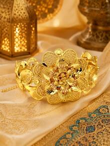1pc Middle Eastern Style Vintage Hollow Floral Wide Bangle, Exaggerated Carved Golden Bracelet, Suitable For Women's Banquet, Wedding, Party Wear - Yellow Gold - View 7