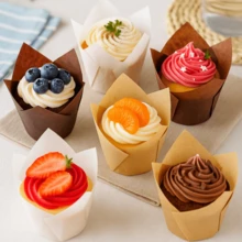 100pcs Tulip Cupcake Liners, Suitable For Baking Cups, EU Standard Size Tulip Muffin Liners, Cupcake Packaging Paper, Brown, White, Unbleached Natural, Suitable For Parties, Christmas - Multicolor - View 3