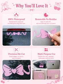 Cute Pink Bow Car Stickers, Soft Style Long Ribbon And Cherry Blossom Bow Decals Suitable For Car Windows And Body - A - View 3