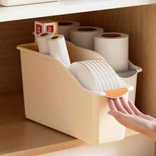 1pc No-Assembly Under Sink Storage Box, Ergonomic Curved Design With Handle, Sturdy Plastic Household Organizer, Perfect For Cabinet, Kitchen, Bathroom Daily Essentials Storage - Multicolor - View 5
