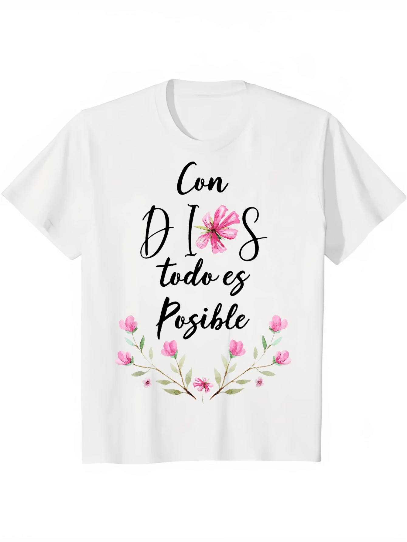 New Arrival,Women's Inspirational Spanish "Con DioS Todo Es Posible" Floral Print T-Shirt - Black With White Lettering &Amp; Pink Flowers, Soft Cotton - White - View 1