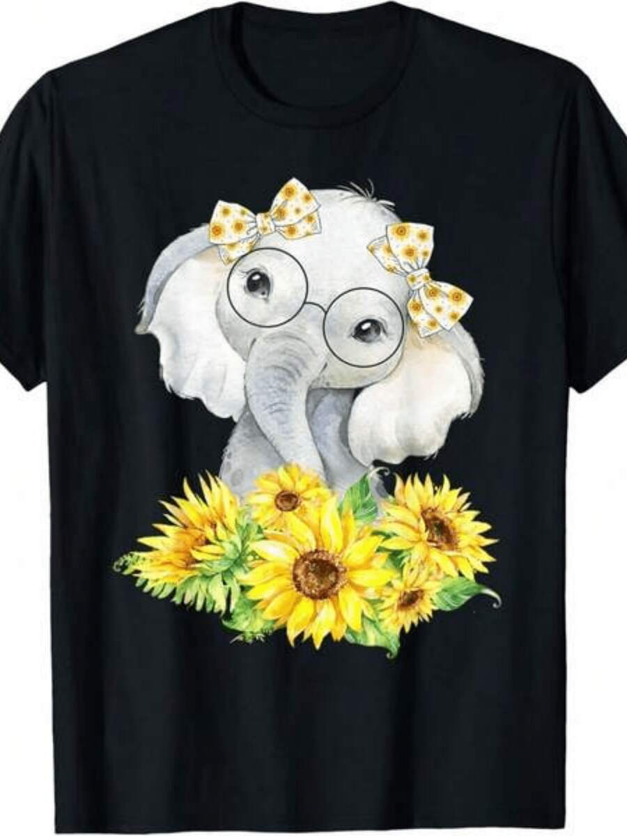 Camiseta con Estampado de Elefante y Girasol para Niños y Niñas, Top Cómodo Estampado, Adecuada para Todas las Temporadas, Actividades Diarias al Aire Libre, Tallas Grandes - Negro - Ver 1