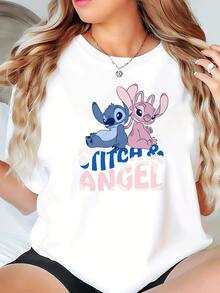 Disney This Pure White T-Shirt Features A Wide-Shoulder Design, A Crew Neck, And Short Sleeves, Making It Perfect For Everyday Wear, Especially During The Warm Spring And Summer Seasons. The Short-Sleeved Top Is Adorned With A Stitch/Lilo & Stitch Cartoon Graphic. It's Not Only An Ideal Choice For Everyday Wear But Also A Wonderful Gift For Family, Friends, And Children. - Nhiều màu - Xem 1