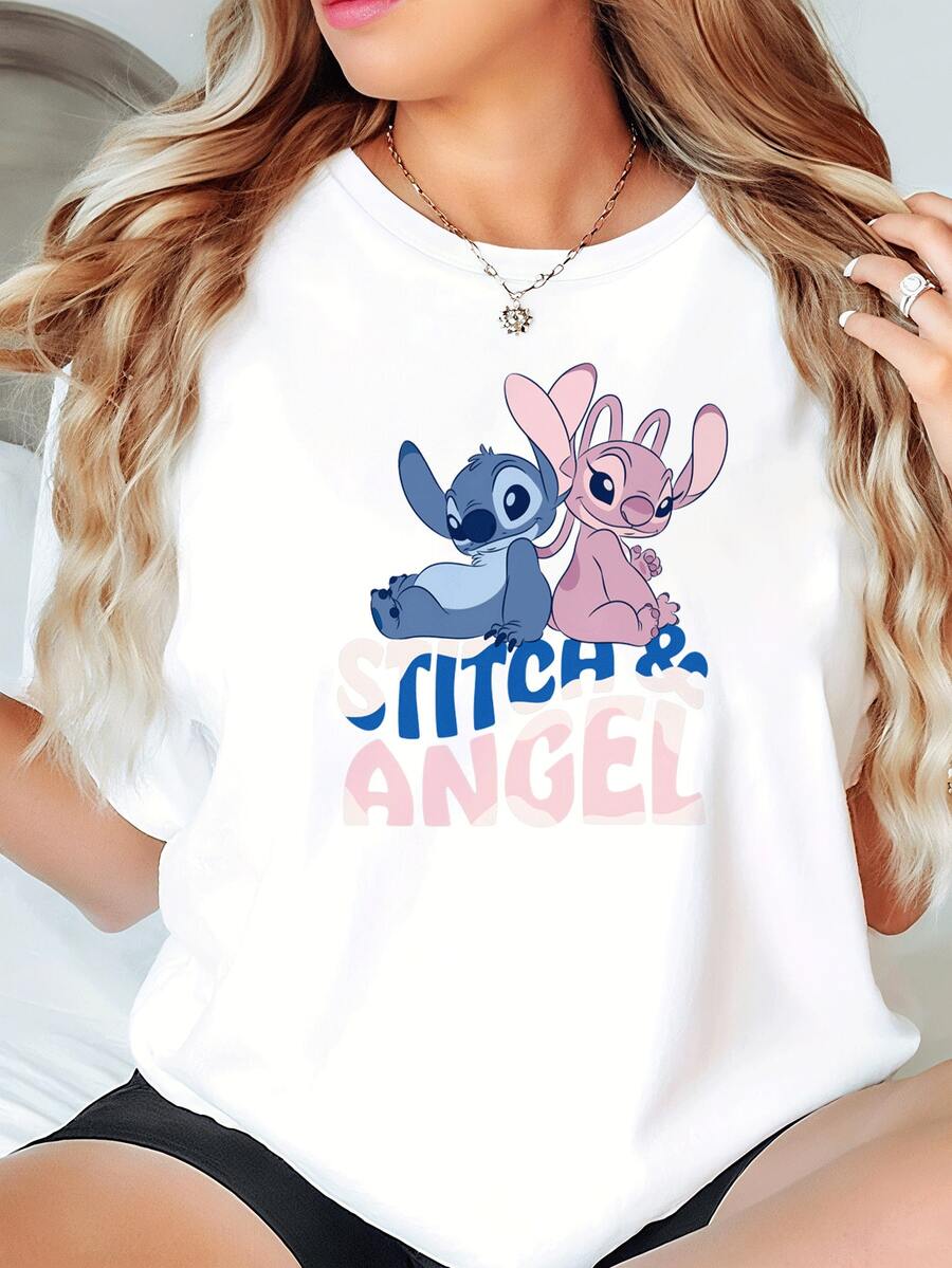 Disney This Pure White T-Shirt Features A Wide-Shoulder Design, A Crew Neck, And Short Sleeves, Making It Perfect For Everyday Wear, Especially During The Warm Spring And Summer Seasons. The Short-Sleeved Top Is Adorned With A Stitch/Lilo & Stitch Cartoon Graphic. It's Not Only An Ideal Choice For Everyday Wear But Also A Wonderful Gift For Family, Friends, And Children. - Nhiều màu - Xem 1
