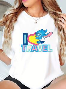 Disney This Pure White T-Shirt Features A Wide-Shoulder Design, A Crew Neck, And Short Sleeves, Making It Perfect For Everyday Wear, Especially During The Warm Spring And Summer Seasons. The Short-Sleeved Top Is Adorned With A Stitch/Lilo & Stitch Cartoon Graphic. It's Not Only An Ideal Choice For Everyday Wear But Also A Wonderful Gift For Family, Friends, And Children. - Nhiều màu - Xem 2
