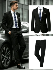 2pcs/Set Men's Lapel Neck Long Sleeve Suit Jacket And Trousers, Suitable For Wedding, Party Or Formal Occasions - Multicolor - View 2