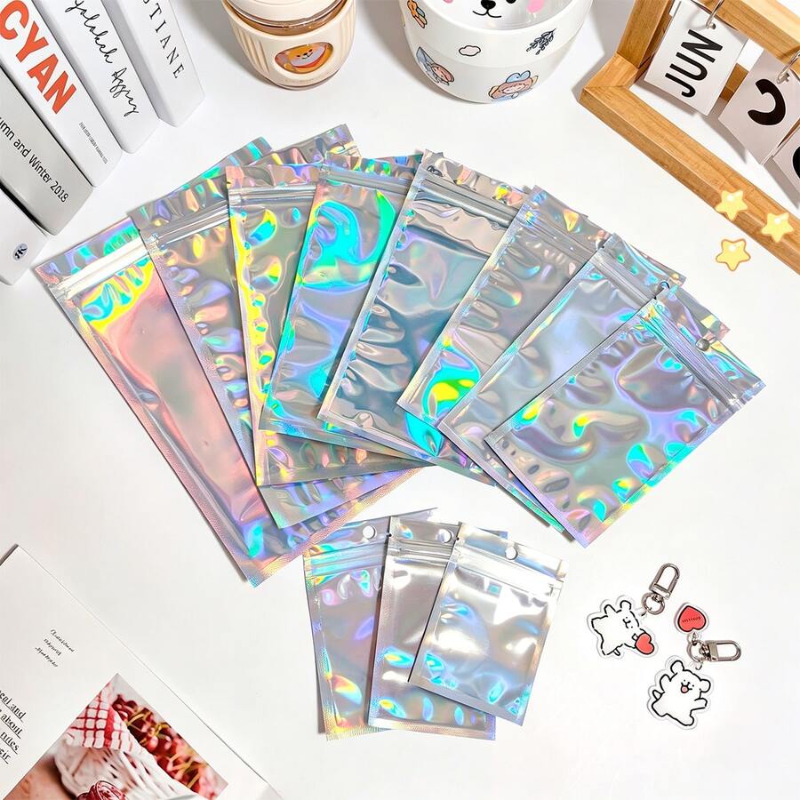 10/100 túi tự dán hologram, túi nhôm in laser cầu vồng có lỗ treo, thích hợp đựng trang sức, mỹ phẩm, bao bì thương mại nhỏ, túi quà tặng, đồ dùng tiệc tùng. - Nhiều phong cách - Xem 1