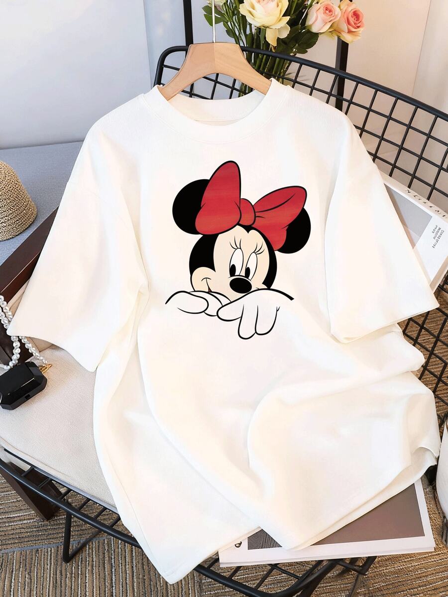 Disney 女款白色T恤,印有迪士尼米妮鼠、米奇鼠和史迪奇角色設計,特別適合溫暖的春夏季 - 白色 - 查看 1