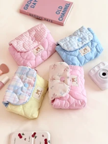 1pc Multi-Color INS Style Heart Patchwork Solid Color Pouch, Heart Colorful Design, Bow Decor Zipper, Hanging, Casual Foldable Lightweight Carry Pouch, Cosmetic Organizer, Jewelry Storage - Multicolor - View 1