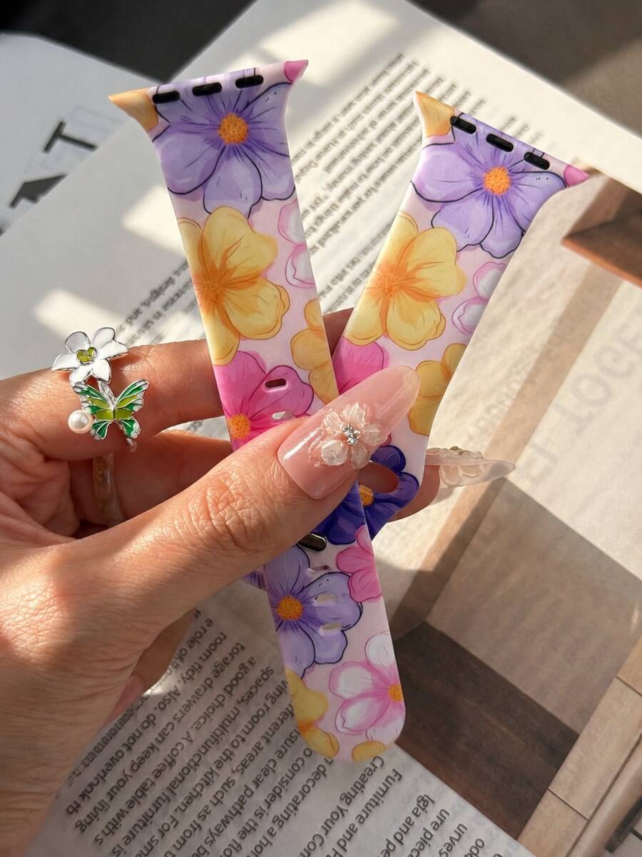 1條彩色花卉圖案矽膠錶帶,適用於Apple Watch 38mm 40mm 41mm 42mm 44mm 45mm 46mm 49mm,鮮豔多巴胺圖案舒適可替換防水運動錶帶,相容Series 11 Ultra3 Ultra 2 SE3 S10 SE2 9 8 7 SE 6 5 4 3 2 1,女款時尚智慧手錶錶帶 - 彩色 - 查看 1