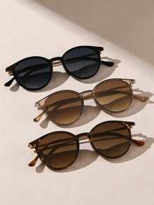 3 Pairs Round Frame Classic Fashion Women's Glasses, Suitable For Daily Wear, Beach Vacation, Outdoor Trips, Versatile Style - 3pcs Grey Tea Grey - View 2