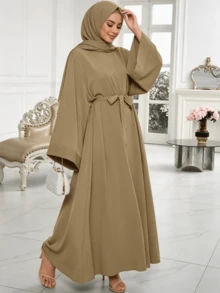 1 chiếc váy Abaya nữ kín đáo, màu trơn, tay cánh dơi và thắt lưng - Áo maxi dài rộng rãi, trang phục Hồi giáo dành cho mặc hàng ngày và các dịp đặc biệt. - Nhiều màu - Xem 2