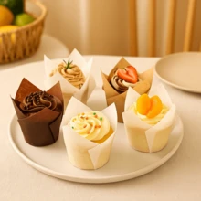 100pcs Tulip Cupcake Liners, Suitable For Baking Cups, EU Standard Size Tulip Muffin Liners, Cupcake Packaging Paper, Brown, White, Unbleached Natural, Suitable For Parties, Christmas - Multicolor - View 6