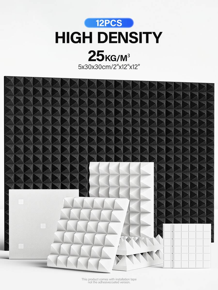 TMJD MISS 12 Pack Self-Adhesive Soundproofing Foam Panels - 12x12x2 Inch Noise Reduction Pyramid Design Sponge Wall, For Wall Soundproofing, Echo Control, Podcast Recording Sound Insulation Material