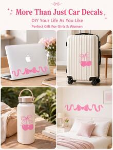 Cute Pink Bow Car Stickers, Soft Style Long Ribbon And Cherry Blossom Bow Decals Suitable For Car Windows And Body - A - View 7