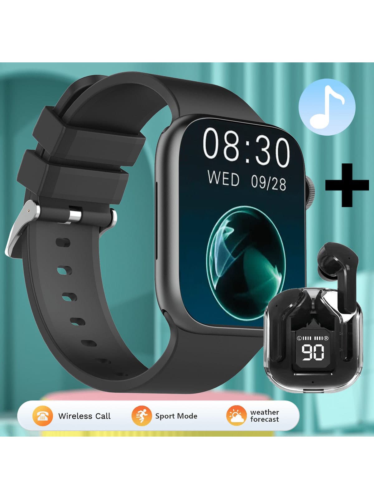 2.01" Smart Watch With Music, Call, Message, Weather, Pedometer, Fitness Tracker Functions, Comes With Wireless Earbuds - Black - View 1
