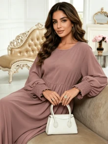 1 chiếc Abaya tay phồng kín đáo, áo choàng thanh lịch dành cho phụ nữ Hồi giáo, kiểu Trung Đông, eo xếp ly, váy công sở trang nhã dành cho người Hồi giáo, phù hợp cho phụ nữ mặc hàng ngày, mọi mùa. - Nhiều màu - Xem 11