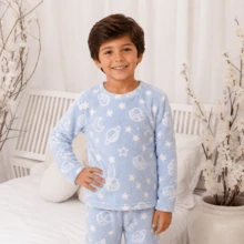 Children's Plush Teddy Pajamas For Winter, Cold Weather, Closed, Blue Planet - 淺藍色 - 查看 3