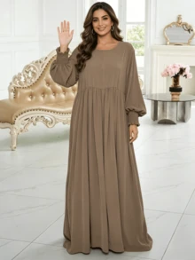 1 chiếc Abaya tay phồng kín đáo, áo choàng thanh lịch dành cho phụ nữ Hồi giáo, kiểu Trung Đông, eo xếp ly, váy công sở trang nhã dành cho người Hồi giáo, phù hợp cho phụ nữ mặc hàng ngày, mọi mùa. - Nhiều màu - Xem 4
